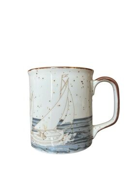Vintage ceramic speckled nautical coastal summer sailboat coffee / tea mug